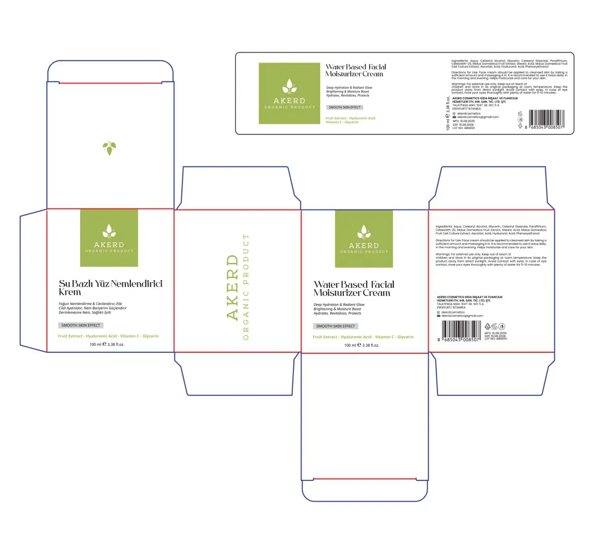 AKERD COSMETİCS Su bazlı Krem Yoğun Nemlendirici Yüz Kremi. Tüm Cilt Tipleri İçin. 24 Saat Etkili.