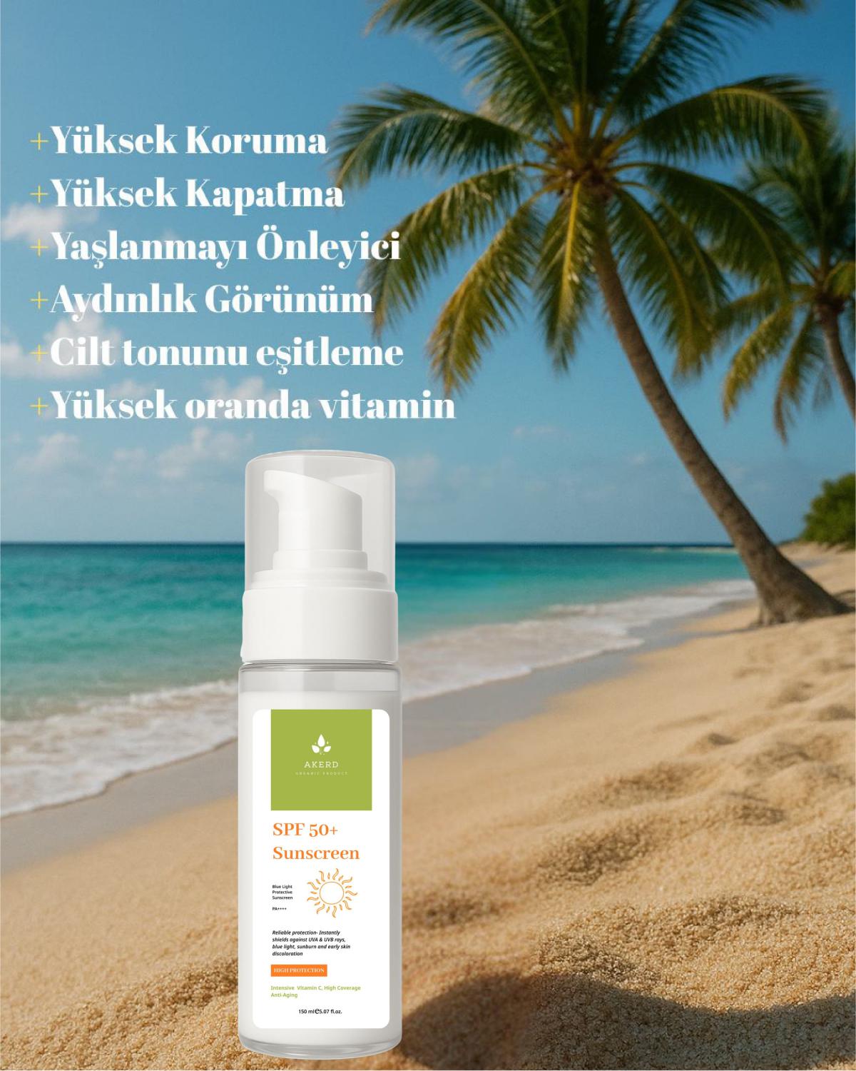 AKERD COSMETİCS Güneş Kremi Günlük koruma Lekeye karşı koruma.Yuksek korumalı spf güneş kremi.