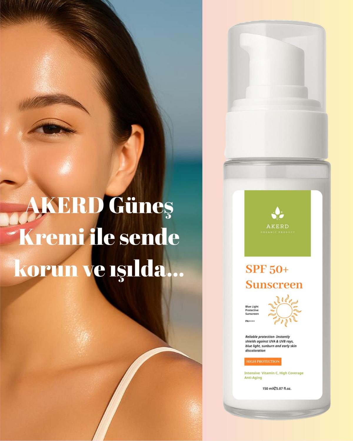 AKERD COSMETİCS Güneş Kremi Günlük koruma Lekeye karşı koruma.Yuksek korumalı spf güneş kremi.
