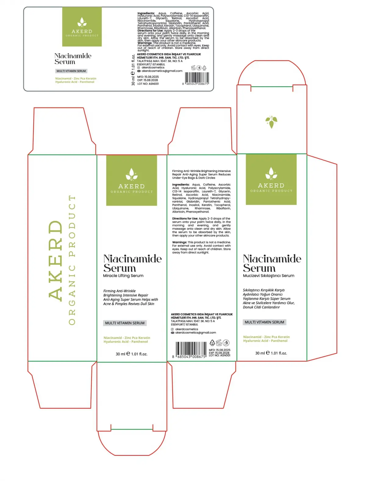 AKERD COSMETİCS Serum Vitamin Compleks Yaşlandırma Karşıtı Yenileyici C Vitamin ve Caffeyin içerikli