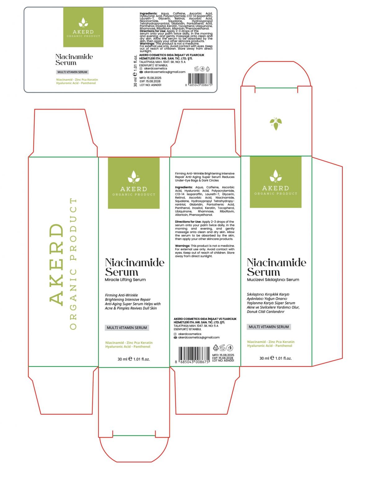 AKERD COSMETİCS Serum Niacinamide Gözenek Sıklaştırıcı Aydınlatıcı Akne Karşıtı Serum