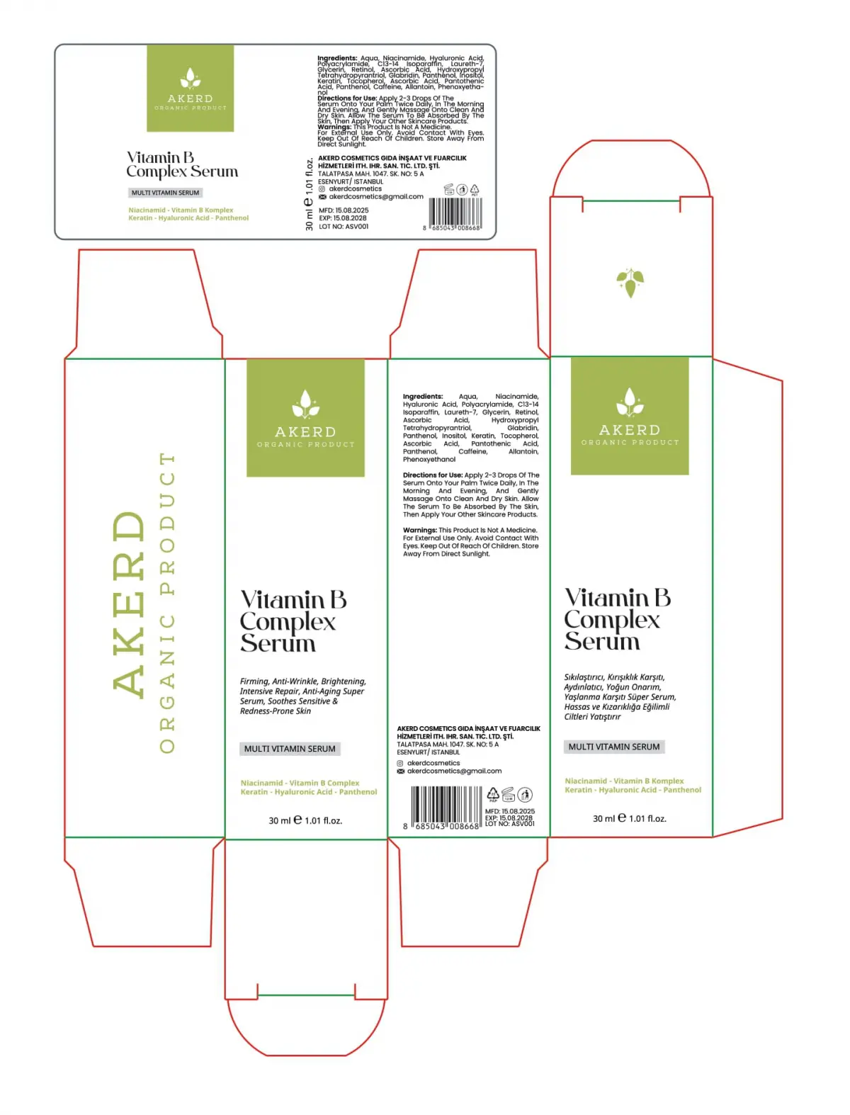 AKERD COSMETİCS Serum Vitamin Compleks Yaşlandırma Karşıtı Yenileyici C Vitamin ve Caffeyin içerikli